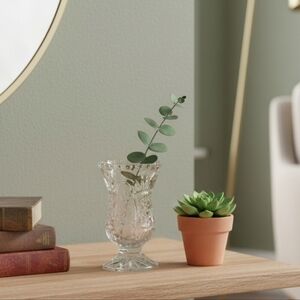 Vintage Pressed Glass Vase Crystal Votive Holder Frosted Floral Pedestal Star Ba